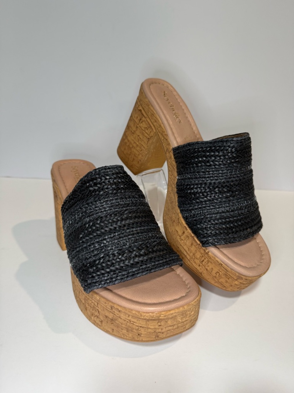 Seychelles Black Woven Cork Platform Mules